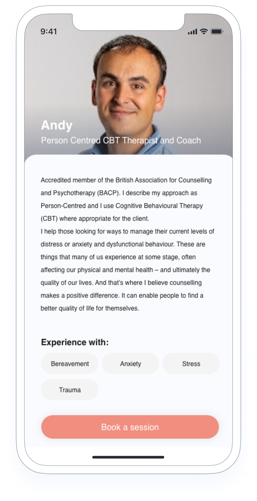Individual profile page of the therapist